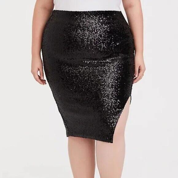 Torrid Black Sequin Side Slit Midi Pencil Skirt Size 2 - Picture 1 of 13
